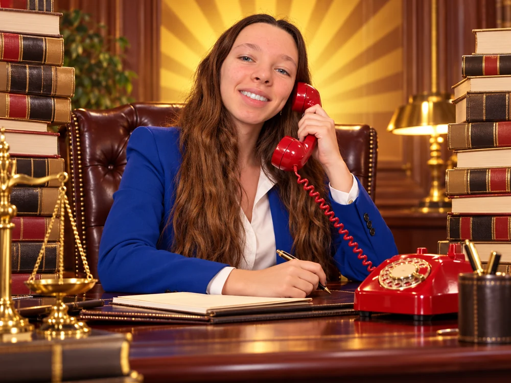 Emma in a blue suit taking a fictional consultation on a red telephone.