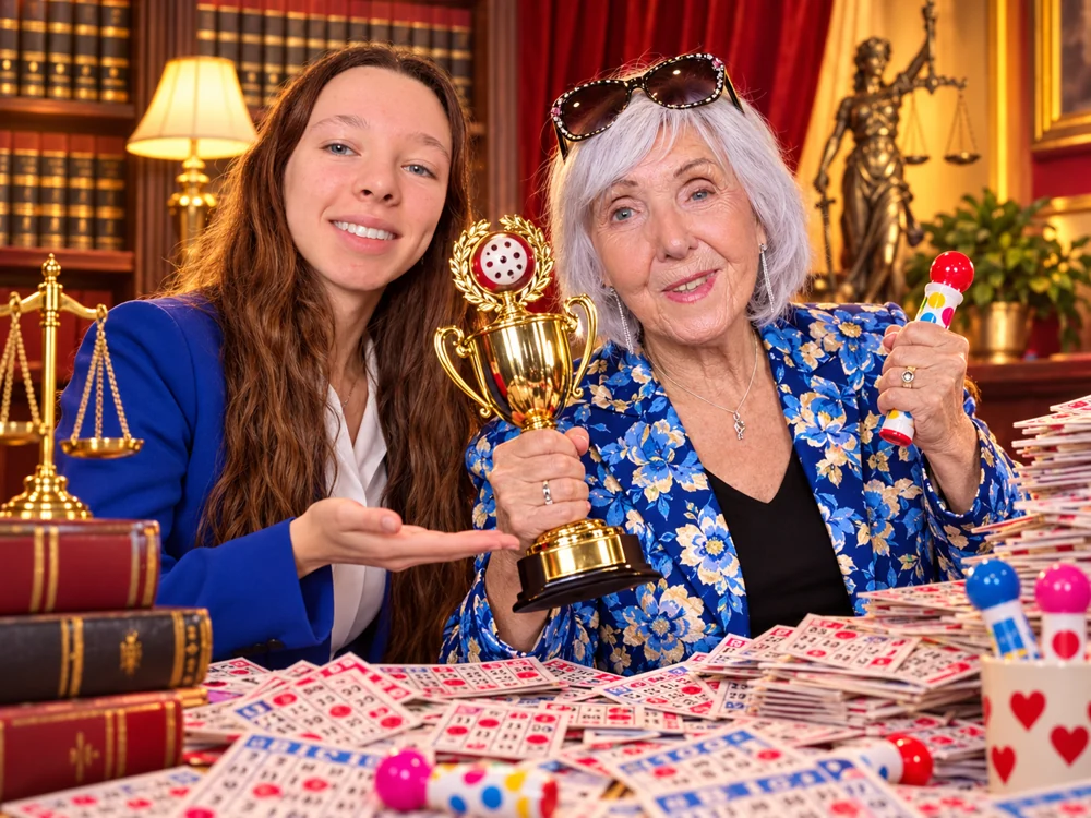 Granny and Emma celebrate with a bingo trophy in a staged scene.