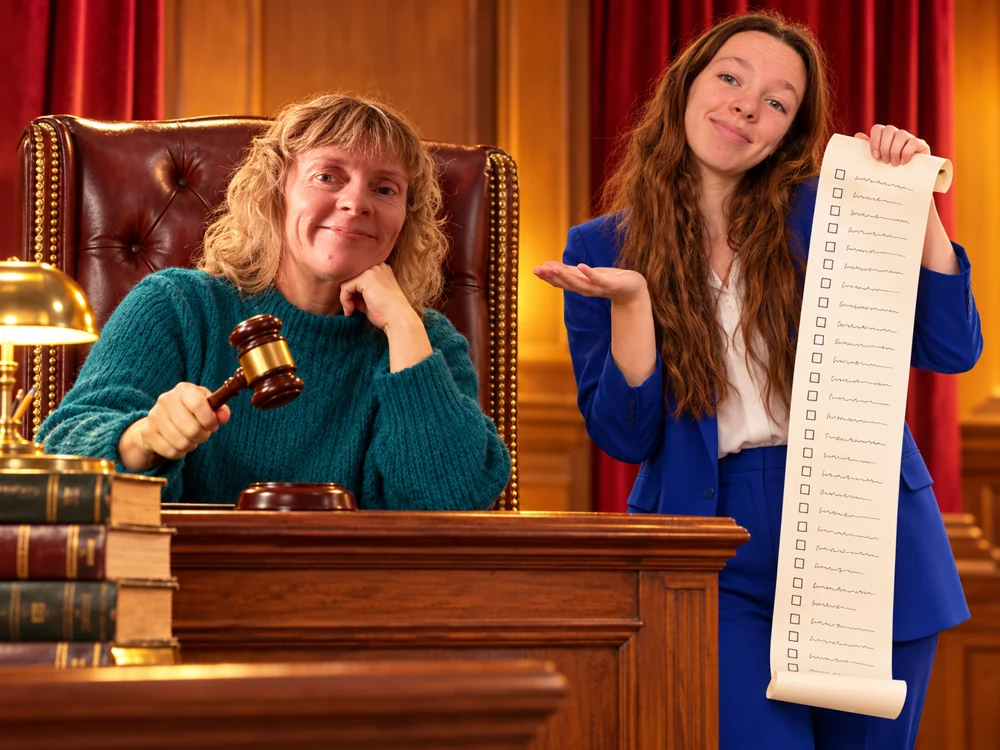 Mum in a pretend judge’s chair while Emma holds a chore list.